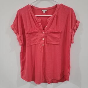 Lucky Brand Womens Henley Shirt Size Medium Pink Pearl Button Flowy Boho‎